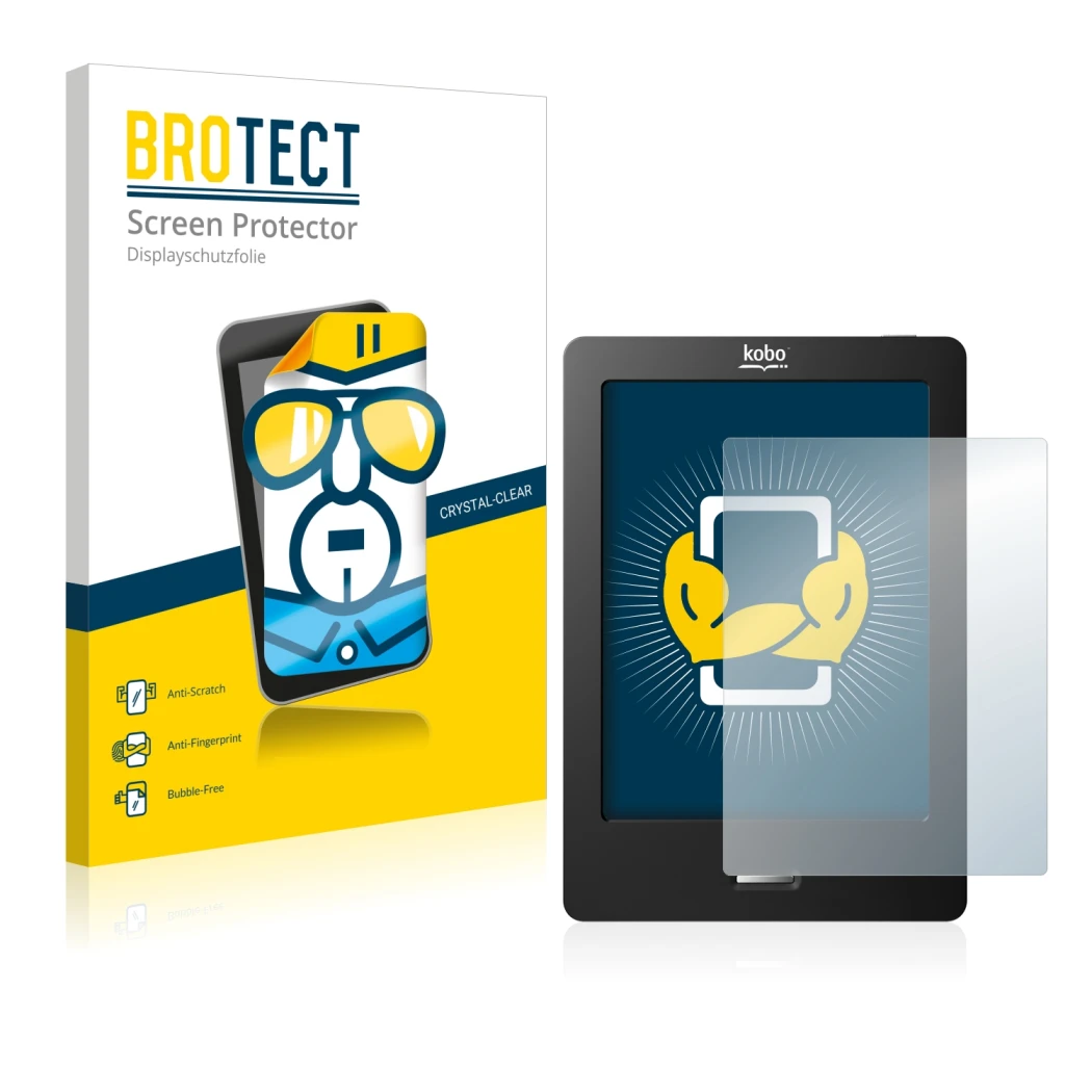 Parte frontal de un envase de producto con el logotipo de la marca BROTECT. Al lado se muestra el dispositivo Kobo eReader Tou