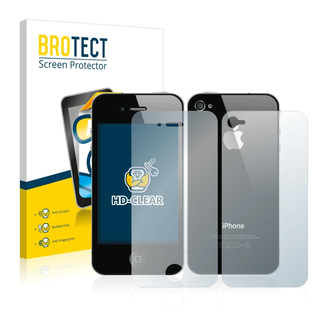 Parte frontal de un envase de producto con el logotipo de la marca BROTECT. Al lado se muestra el dispositivo Apple iPhone 4S 