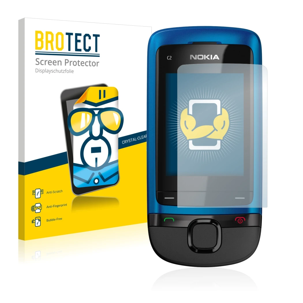 Parte frontal de un envase de producto con el logotipo de la marca BROTECT. Al lado se muestra el dispositivo Nokia C2-05 con