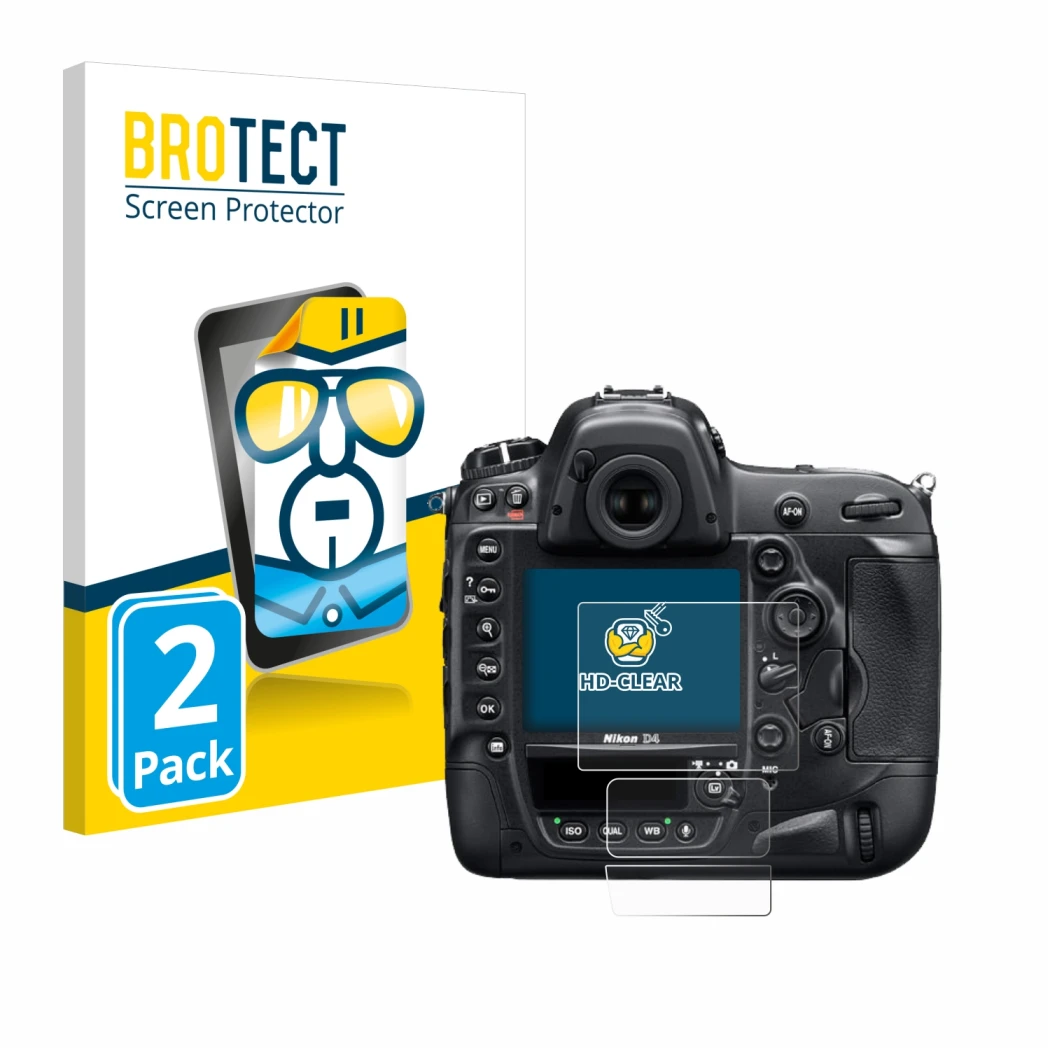 Parte frontal de un envase de producto con el logotipo de la marca BROTECT. Al lado se muestra el dispositivo Nikon D4 con su