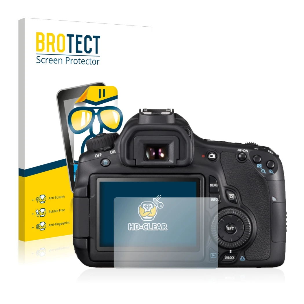 Parte frontal de un envase de producto con el logotipo de la marca BROTECT. Al lado se muestra el dispositivo Canon EOS 650D c