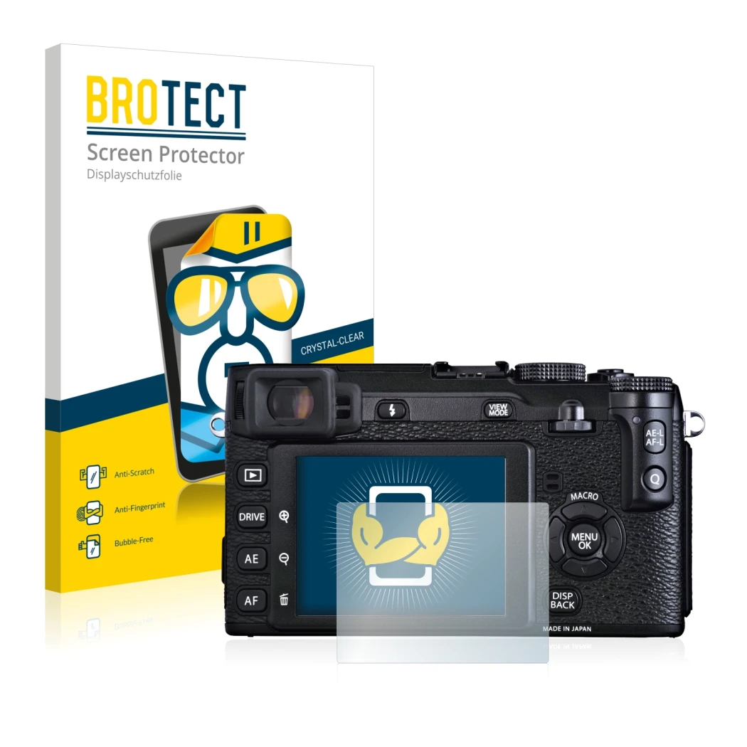 Parte frontal de un envase de producto con el logotipo de la marca BROTECT. Al lado se muestra el dispositivo Fujifilm X-E1 co