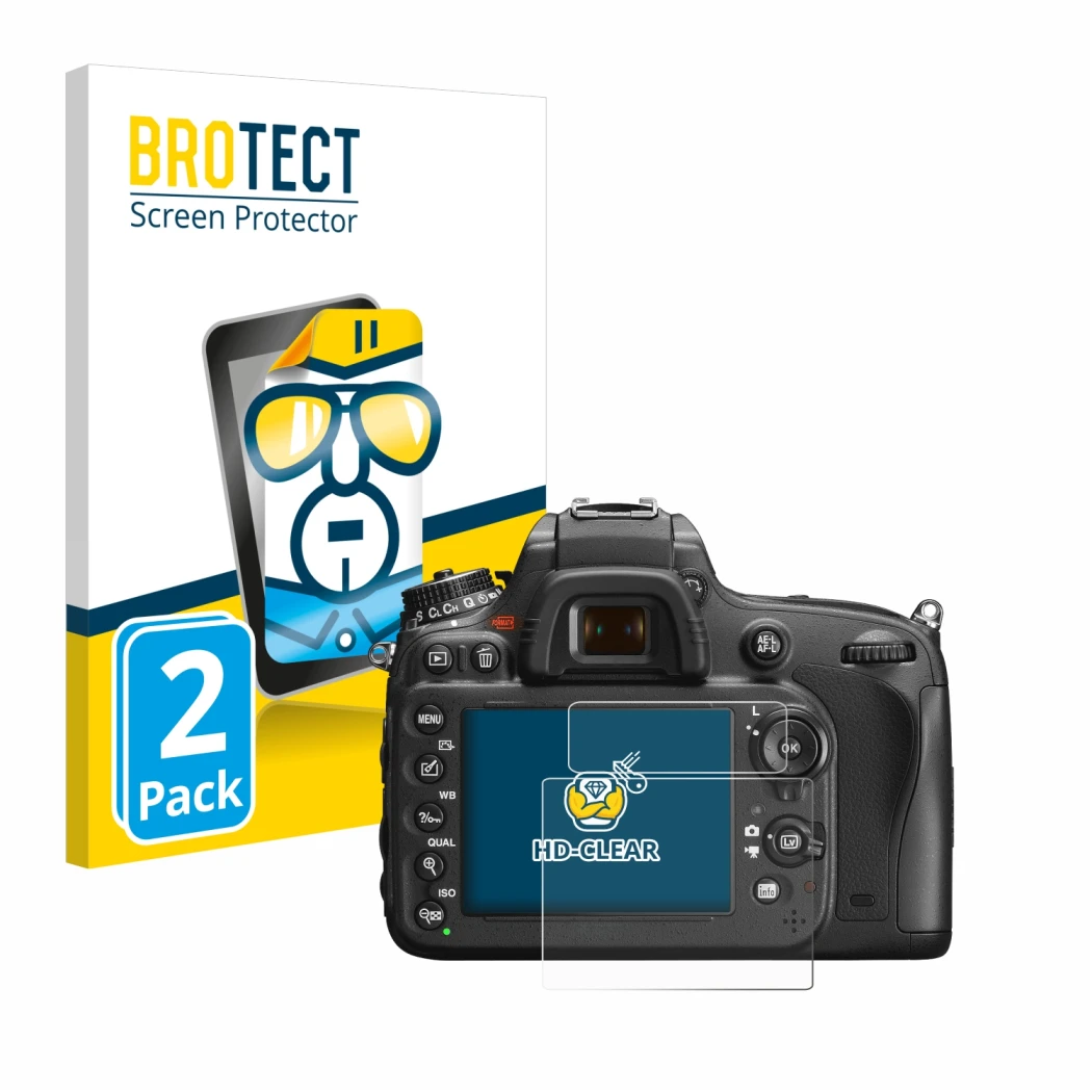 Parte frontal de un envase de producto con el logotipo de la marca BROTECT. Al lado se muestra el dispositivo Nikon D600 con s
