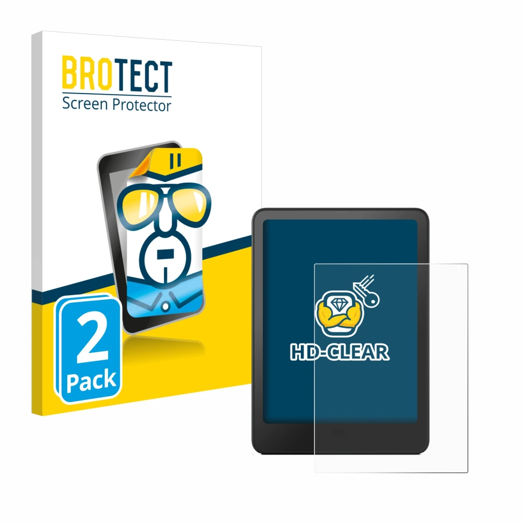 Parte frontal de un envase de producto con el logotipo de la marca BROTECT. Al lado se muestra el dispositivo Amazon Kindle Pa