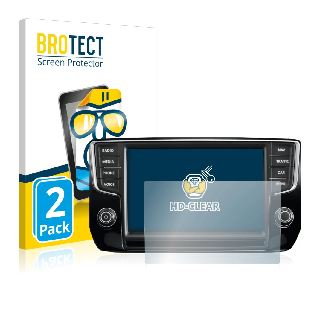 Parte frontal de un envase de producto con el logotipo de la marca BROTECT. Al lado se muestra el dispositivo Volkswagen Passa