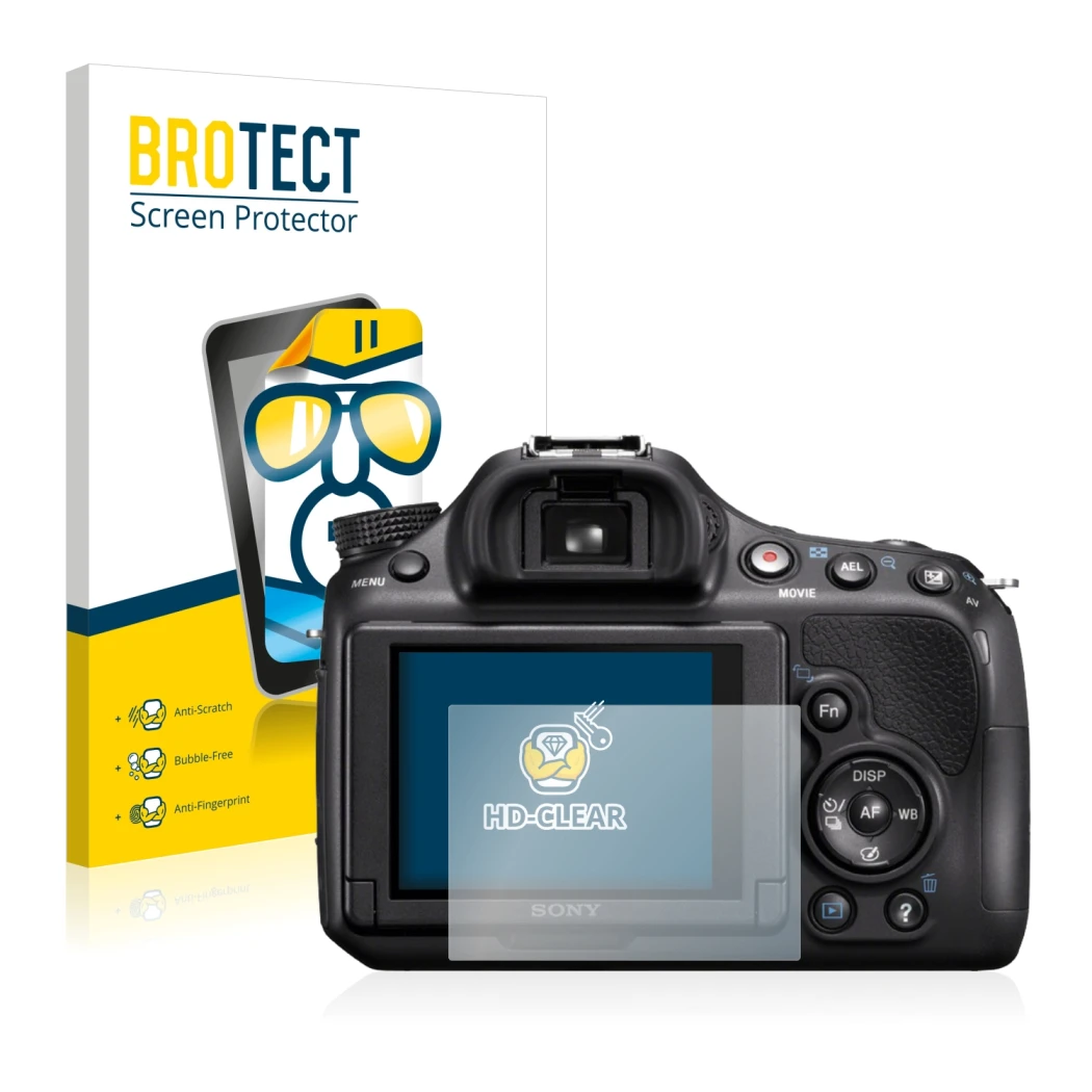Parte frontal de un envase de producto con el logotipo de la marca BROTECT. Al lado se muestra el dispositivo Sony Alpha 58 (S