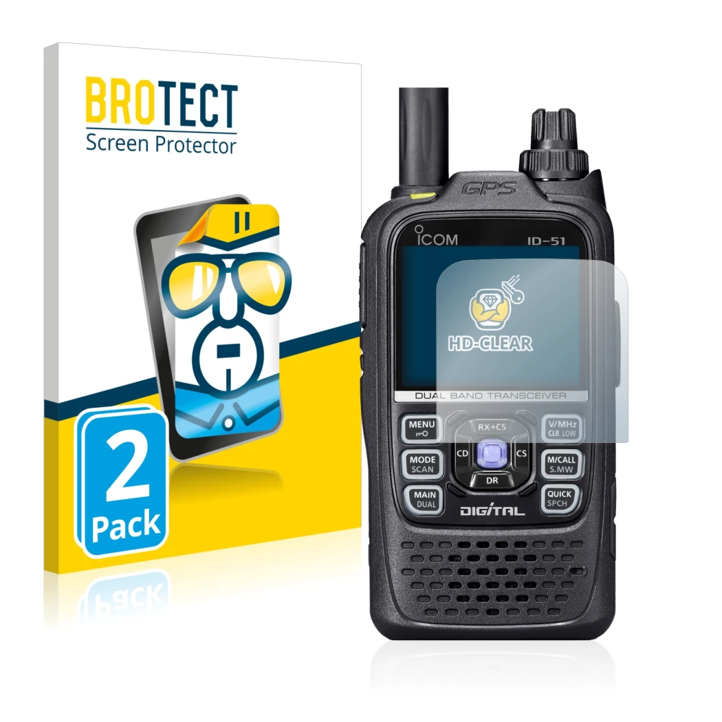 Parte frontal de un envase de producto con el logotipo de la marca BROTECT. Al lado se muestra el dispositivo Icom ID-51 con s