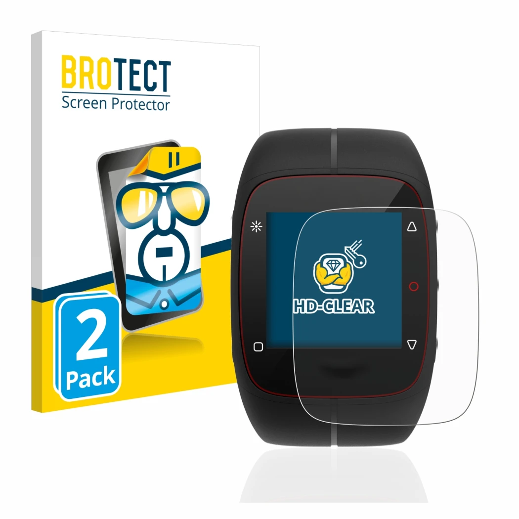 Parte frontal de un envase de producto con el logotipo de la marca BROTECT. Al lado se muestra el dispositivo Polar M400 con s
