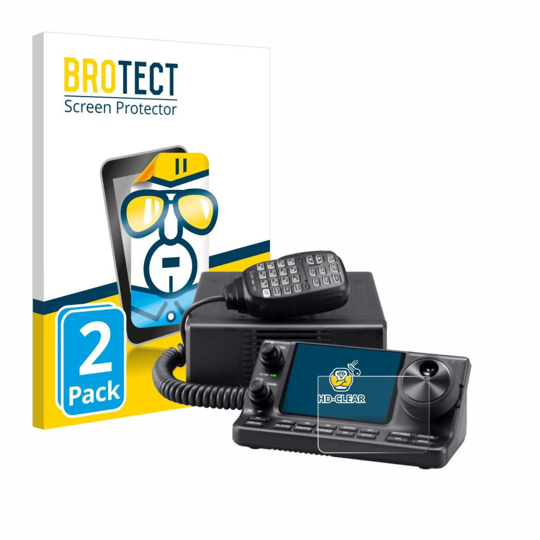 Parte frontal de un envase de producto con el logotipo de la marca BROTECT. Al lado se muestra el dispositivo Icom IC-7100 con