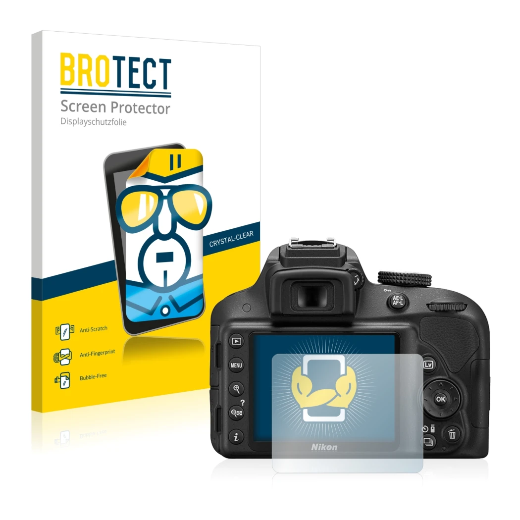 Parte frontal de un envase de producto con el logotipo de la marca BROTECT. Al lado se muestra el dispositivo Nikon D3300 con