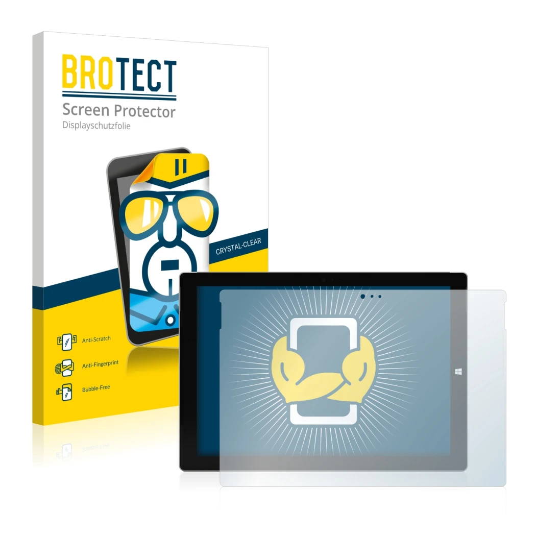 Parte frontal de un envase de producto con el logotipo de la marca BROTECT. Al lado se muestra el dispositivo Microsoft Surfac