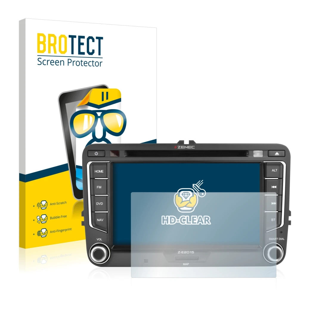 Parte frontal de un envase de producto con el logotipo de la marca BROTECT. Al lado se muestra el dispositivo Zenec Z-E2015 co