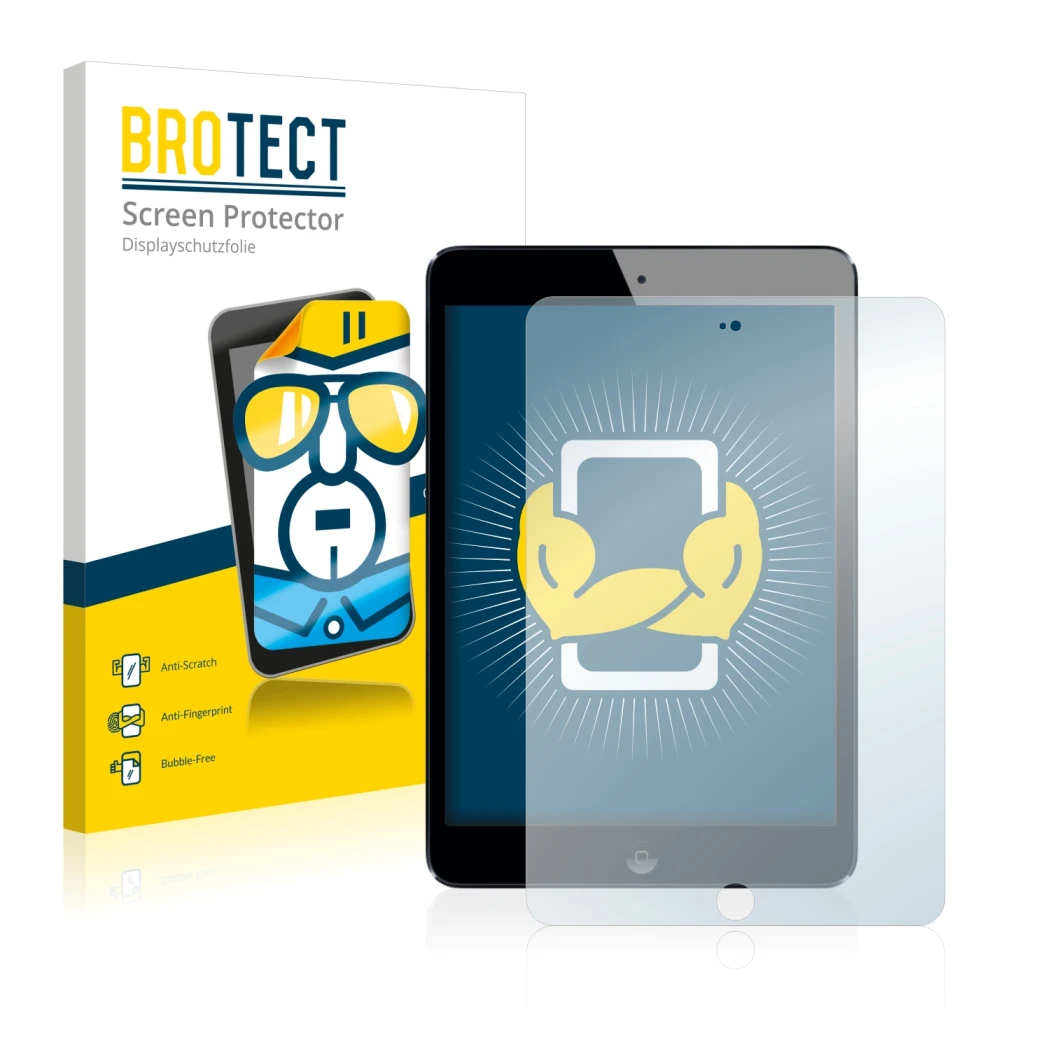 Parte frontal de un envase de producto con el logotipo de la marca BROTECT. Al lado se muestra el dispositivo Apple iPad Mini
