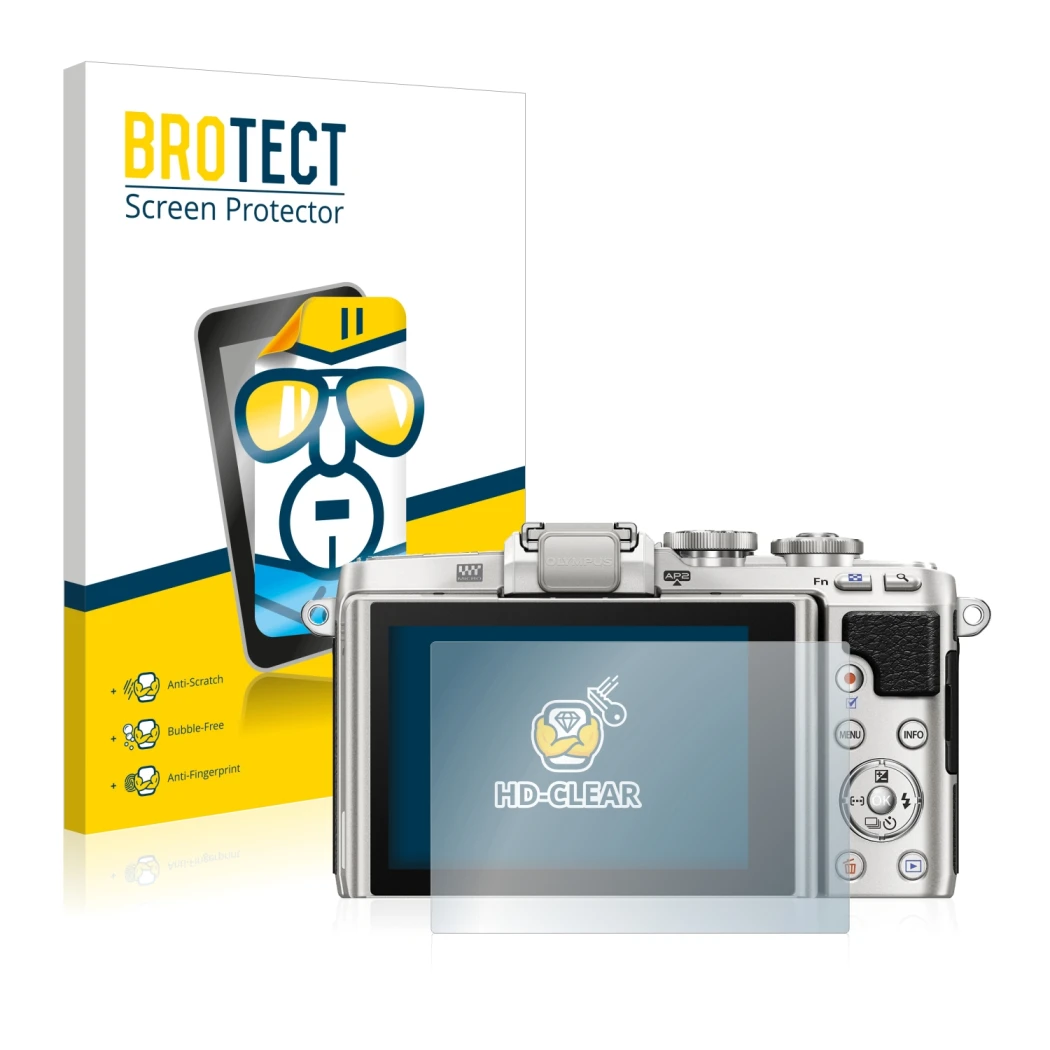 Parte frontal de un envase de producto con el logotipo de la marca BROTECT. Al lado se muestra el dispositivo Olympus PEN E-PL