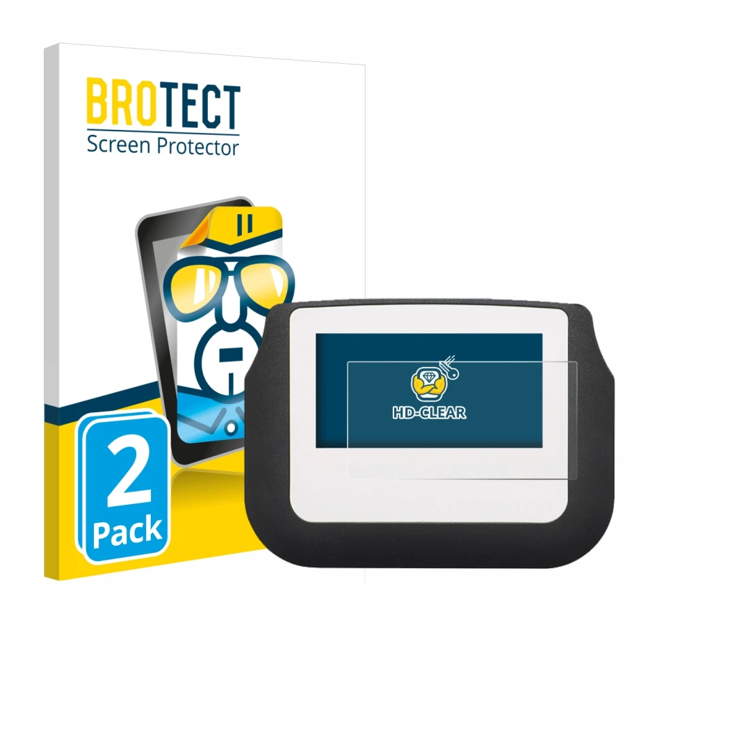 Parte frontal de un envase de producto con el logotipo de la marca BROTECT. Al lado se muestra el dispositivo Signotec Signatu