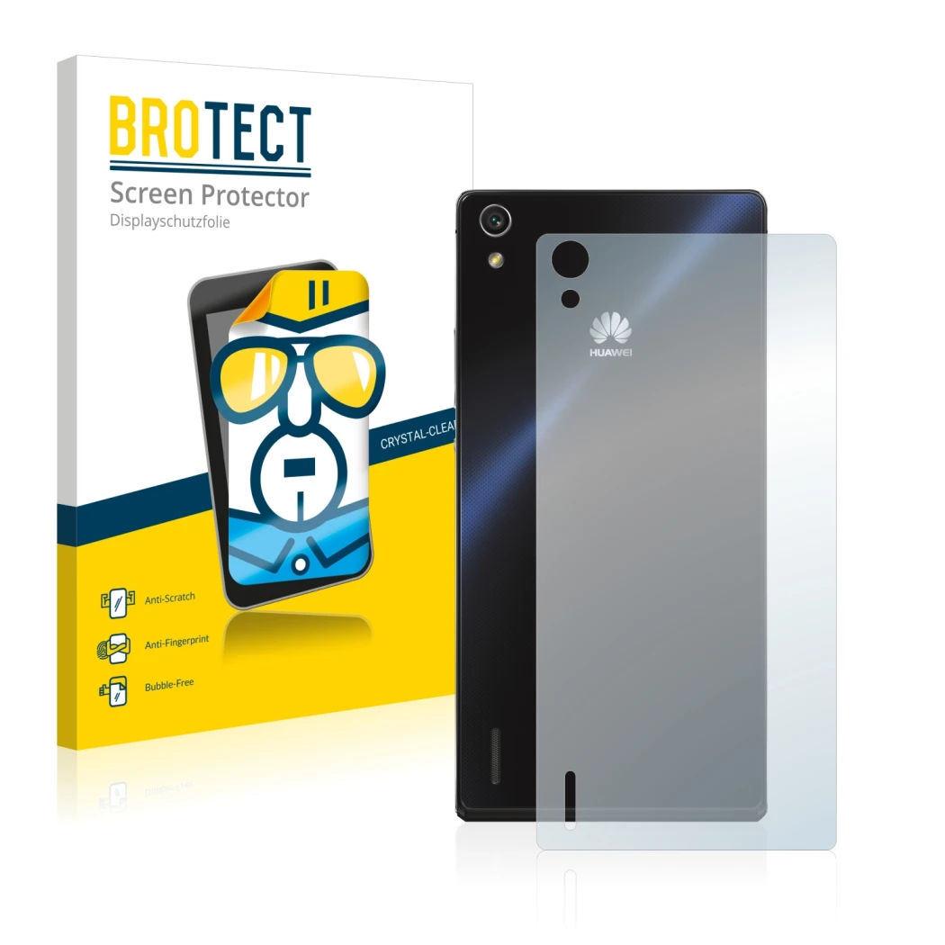 Parte frontal de un envase de producto con el logotipo de la marca BROTECT. Al lado se muestra el dispositivo Huawei Ascend P7
