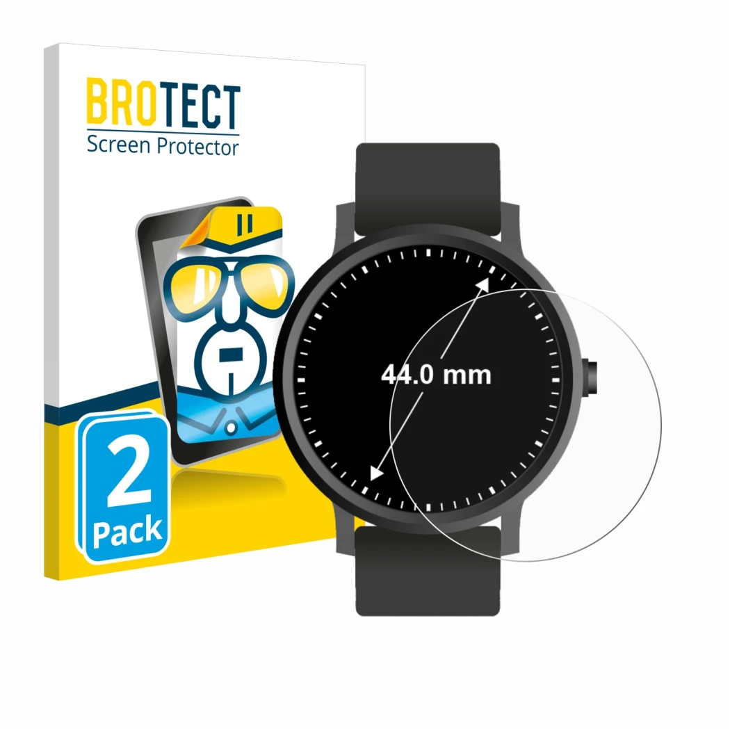 Parte frontal de un envase de producto con el logotipo de la marca BROTECT. Al lado se muestra el dispositivo Relojes (Circula