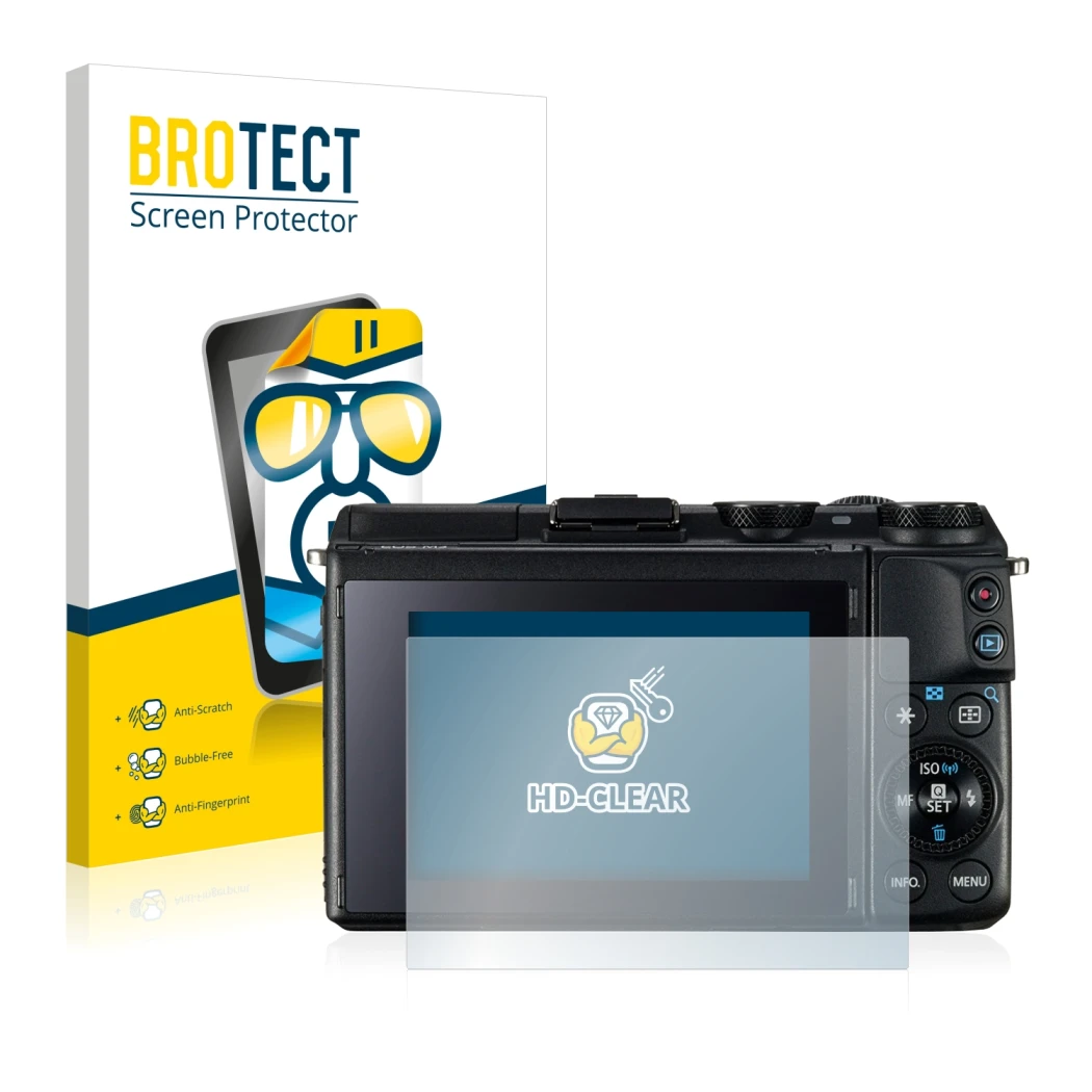 Parte frontal de un envase de producto con el logotipo de la marca BROTECT. Al lado se muestra el dispositivo Canon EOS M3 con