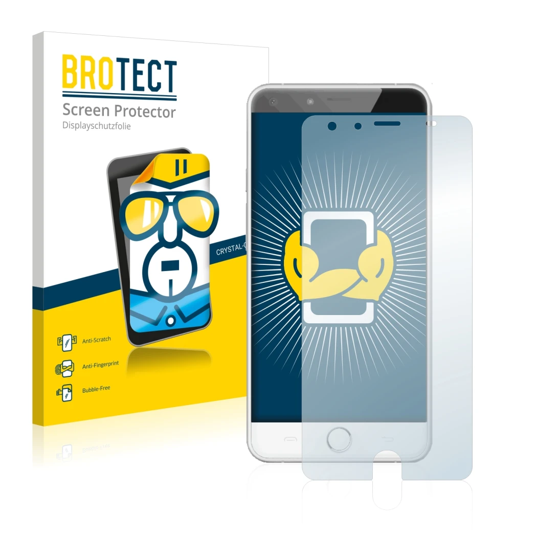 Parte frontal de un envase de producto con el logotipo de la marca BROTECT. Al lado se muestra el dispositivo Ulefone Be Touch
