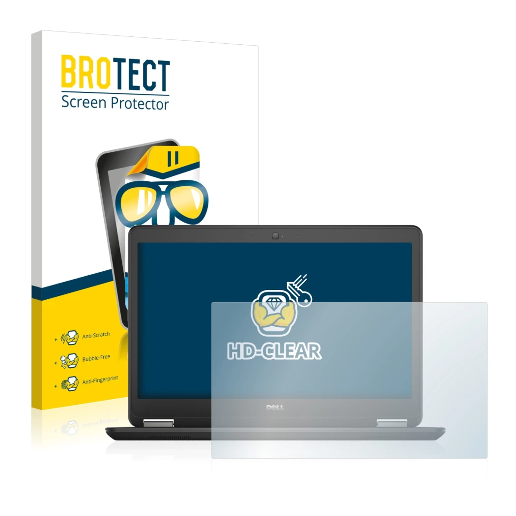 Parte frontal de un envase de producto con el logotipo de la marca BROTECT. Al lado se muestra el dispositivo Dell Latitude 14