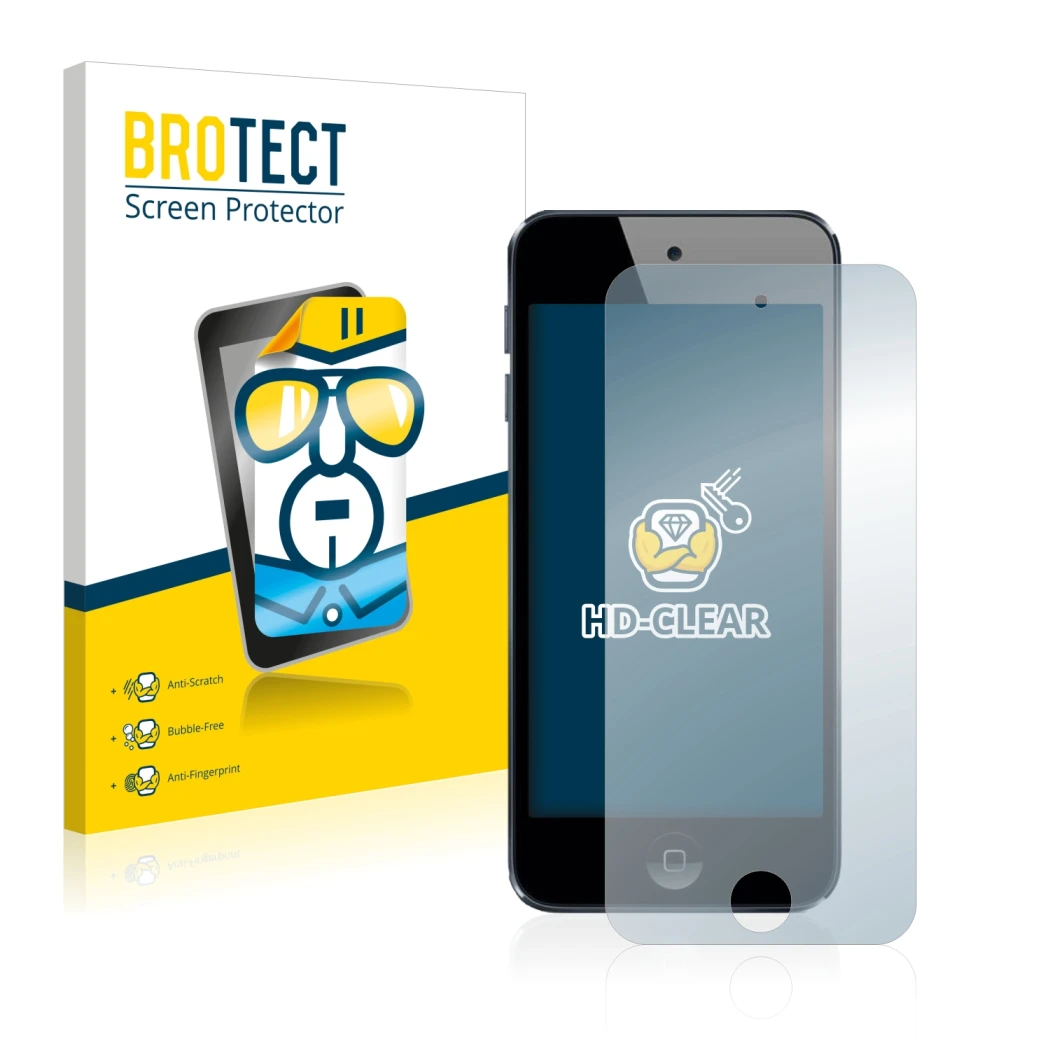 Parte frontal de un envase de producto con el logotipo de la marca BROTECT. Al lado se muestra el dispositivo Apple iPod Touch