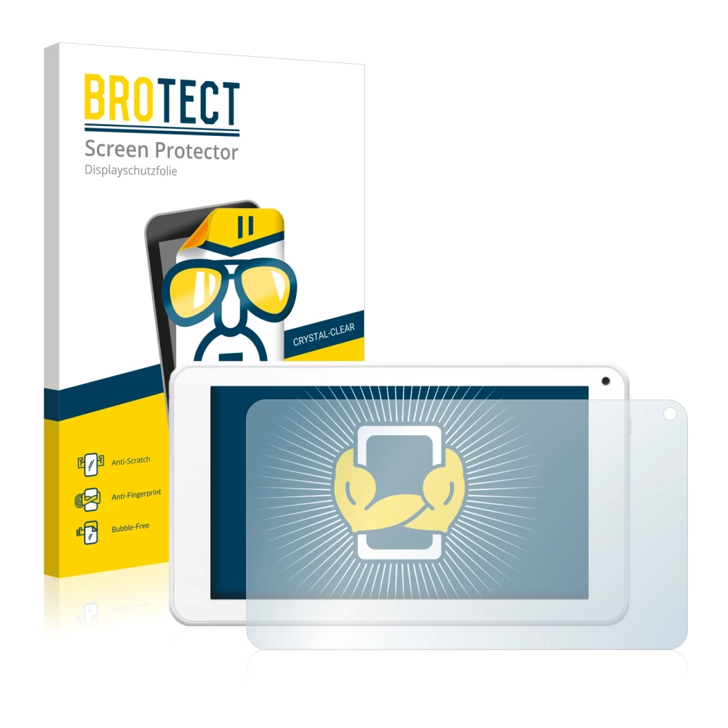 Parte frontal de un envase de producto con el logotipo de la marca BROTECT. Al lado se muestra el dispositivo BigBen Unity Tab