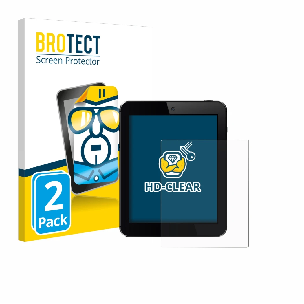 Parte frontal de un envase de producto con el logotipo de la marca BROTECT. Al lado se muestra el dispositivo con su protector