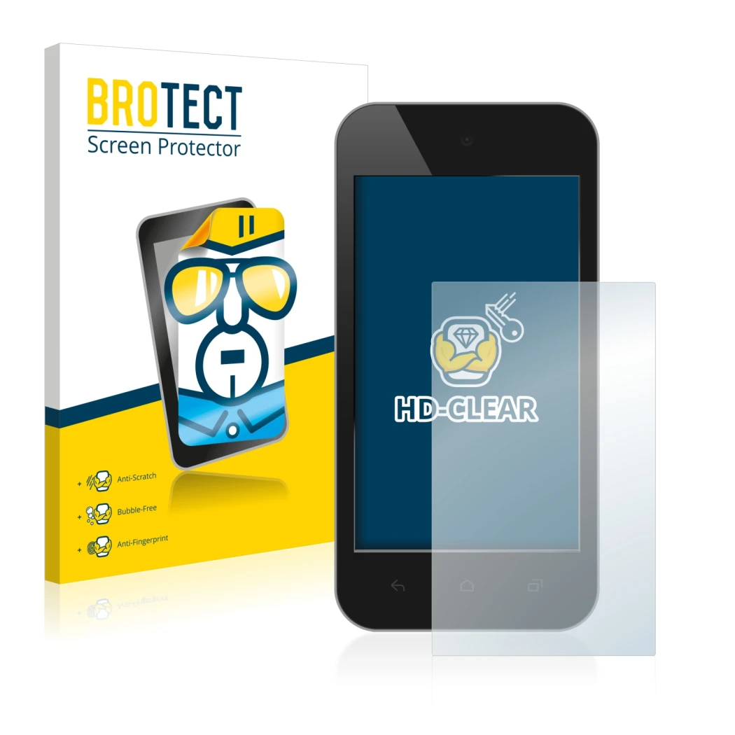 Parte frontal de un envase de producto con el logotipo de la marca BROTECT. Al lado se muestra el dispositivo con su protector