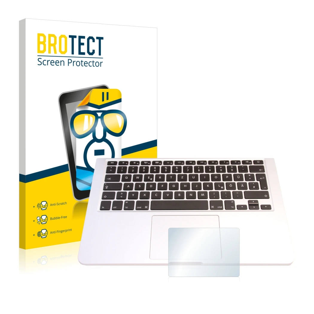 Parte frontal de un envase de producto con el logotipo de la marca BROTECT. Al lado se muestra el dispositivo Apple MacBook Pr