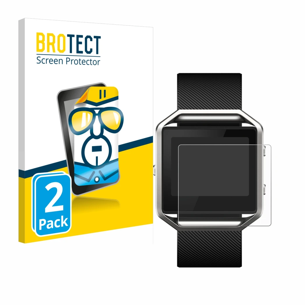 Parte frontal de un envase de producto con el logotipo de la marca BROTECT. Al lado se muestra el dispositivo Fitbit Blaze con