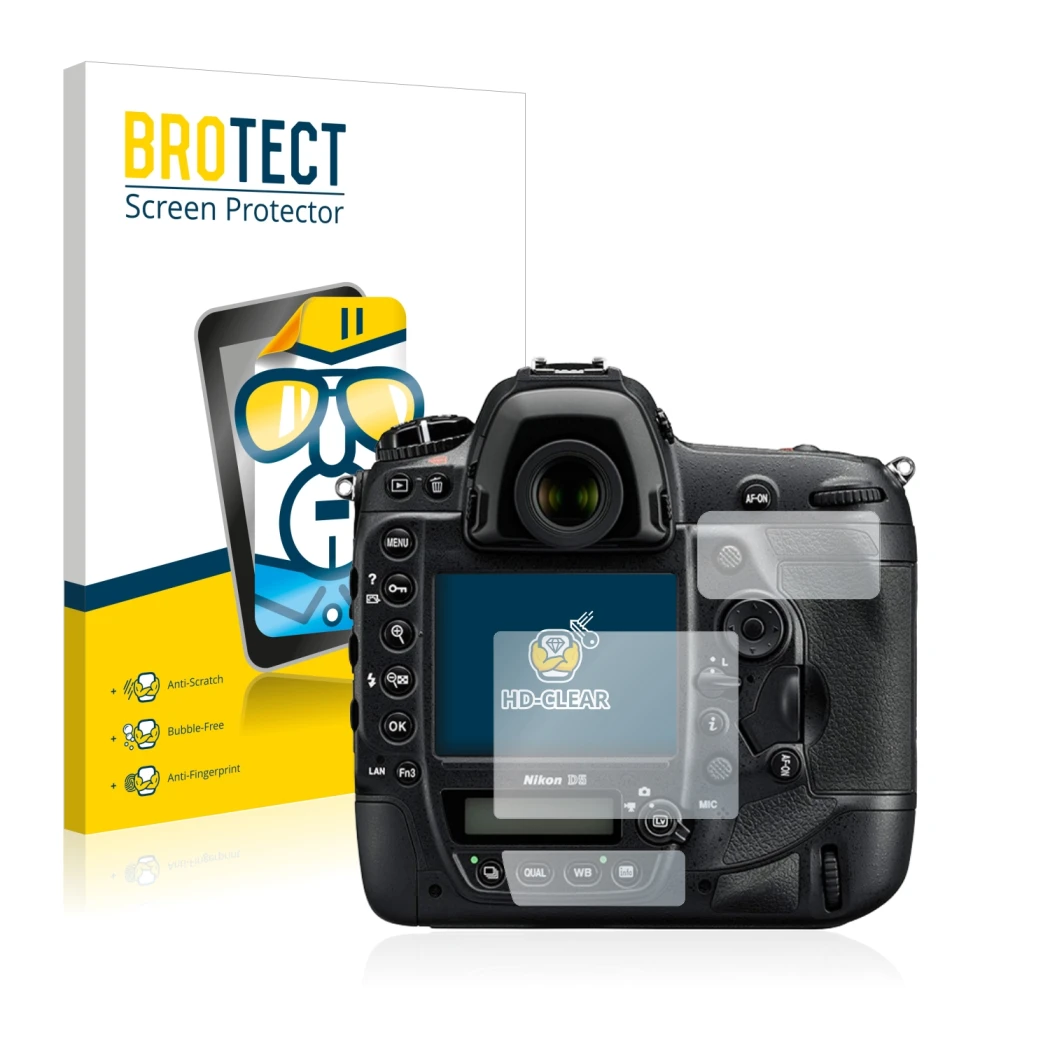 Parte frontal de un envase de producto con el logotipo de la marca BROTECT. Al lado se muestra el dispositivo Nikon D5 con su