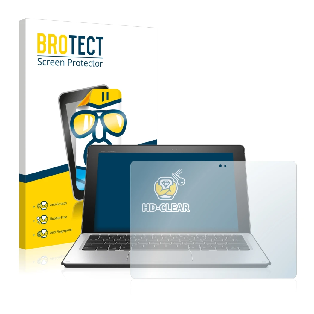 Parte frontal de un envase de producto con el logotipo de la marca BROTECT. Al lado se muestra el dispositivo HP Elite x2 1012