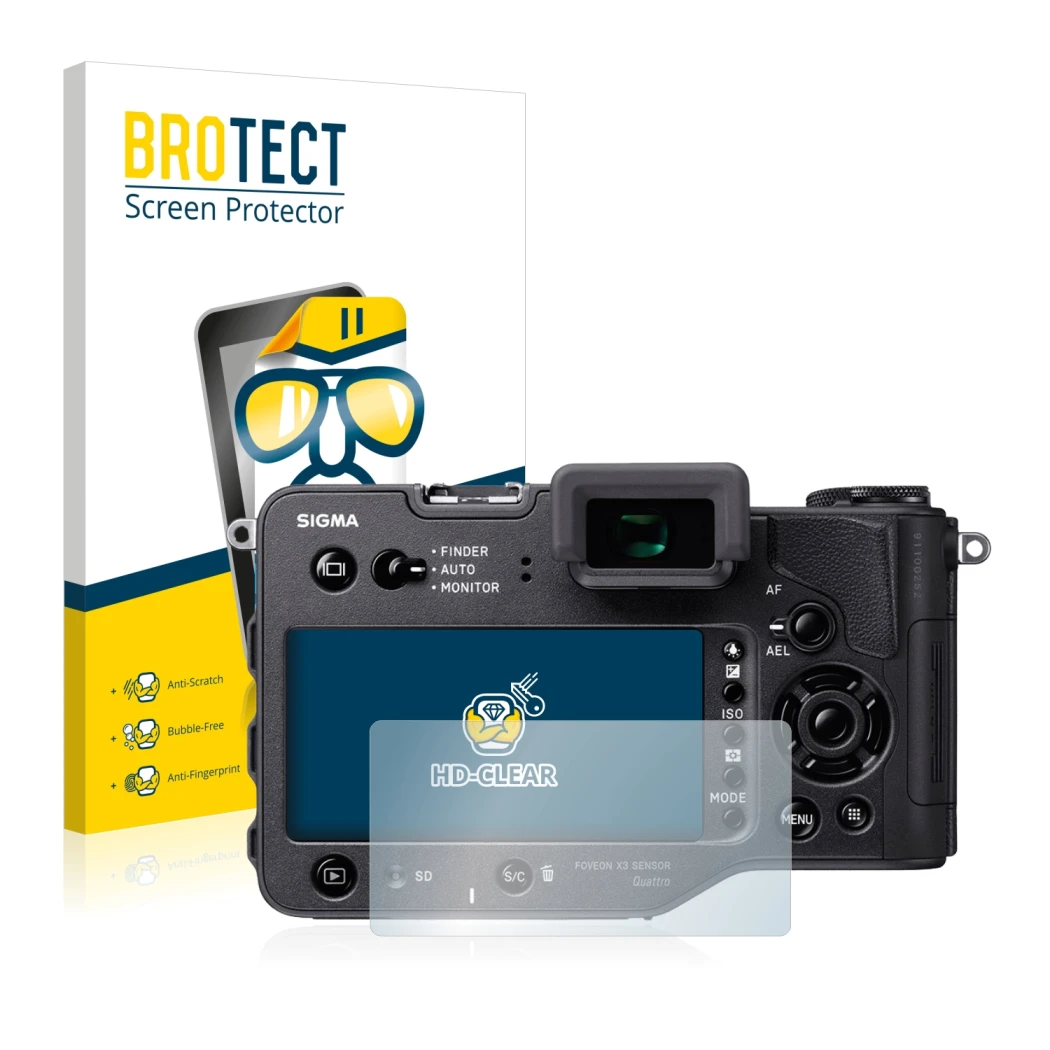 Parte frontal de un envase de producto con el logotipo de la marca BROTECT. Al lado se muestra el dispositivo Sigma SD Quattro