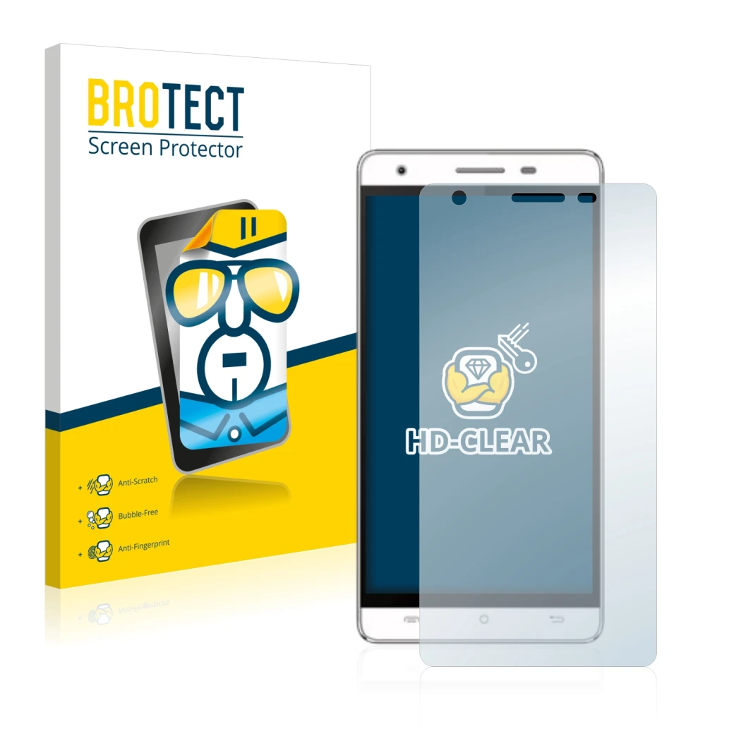 Parte frontal de un envase de producto con el logotipo de la marca BROTECT. Al lado se muestra el dispositivo Cubot H2 con su