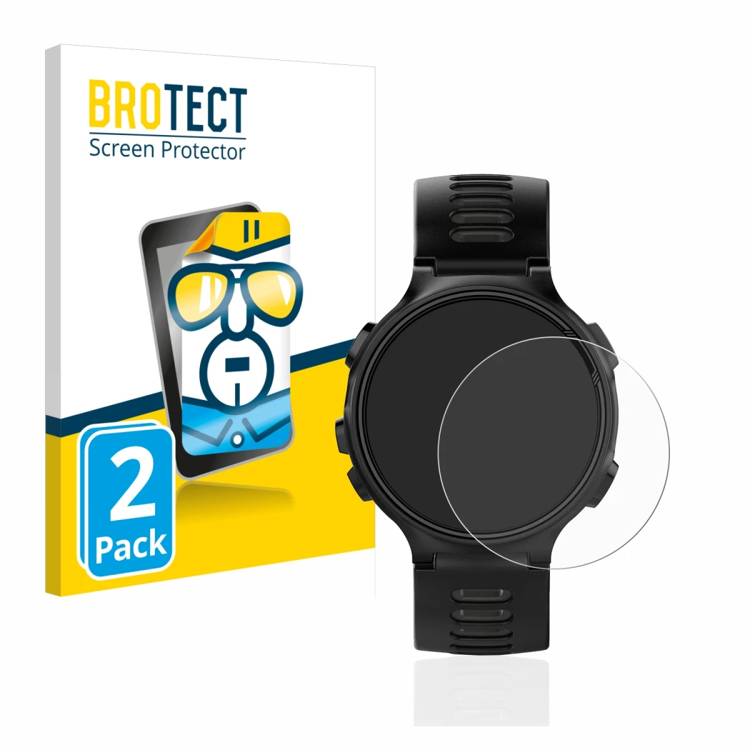 Parte frontal de un envase de producto con el logotipo de la marca BROTECT. Al lado se muestra el dispositivo Garmin Forerunne