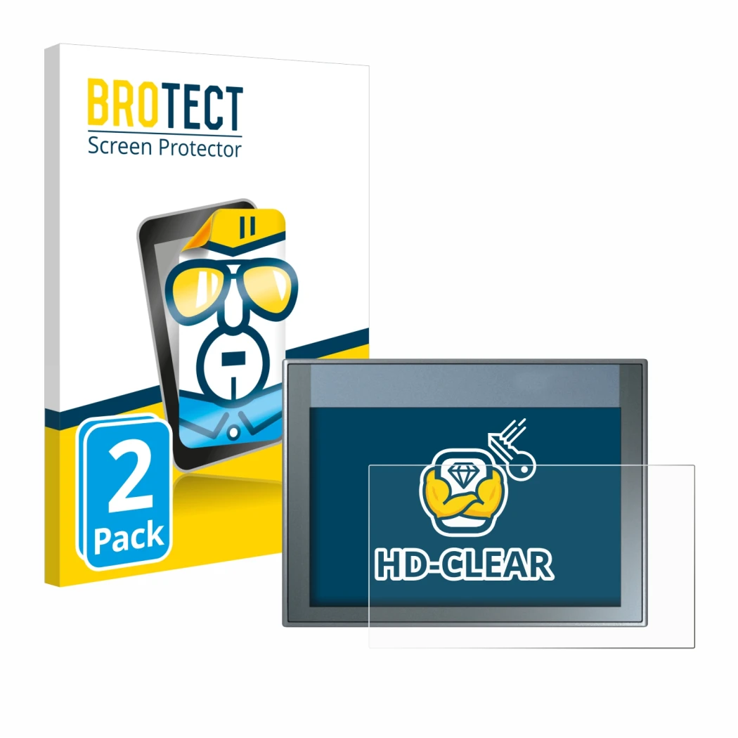 Parte frontal de un envase de producto con el logotipo de la marca BROTECT. Al lado se muestra el dispositivo Siemens Simatic 