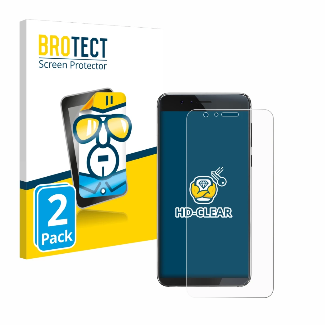 Parte frontal de un envase de producto con el logotipo de la marca BROTECT. Al lado se muestra el dispositivo Honor 8 con su p