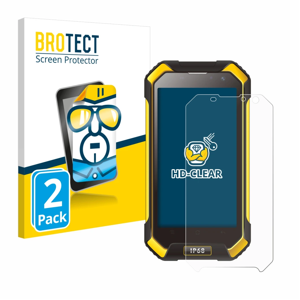 Parte frontal de un envase de producto con el logotipo de la marca BROTECT. Al lado se muestra el dispositivo Blackview BV6000