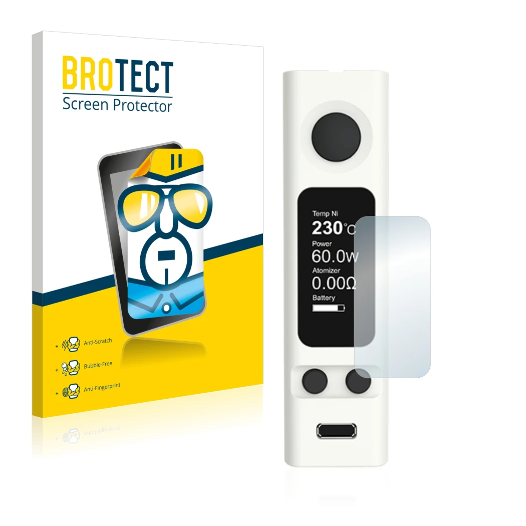 Parte frontal de un envase de producto con el logotipo de la marca BROTECT. Al lado se muestra el dispositivo Joyetech eVic VT