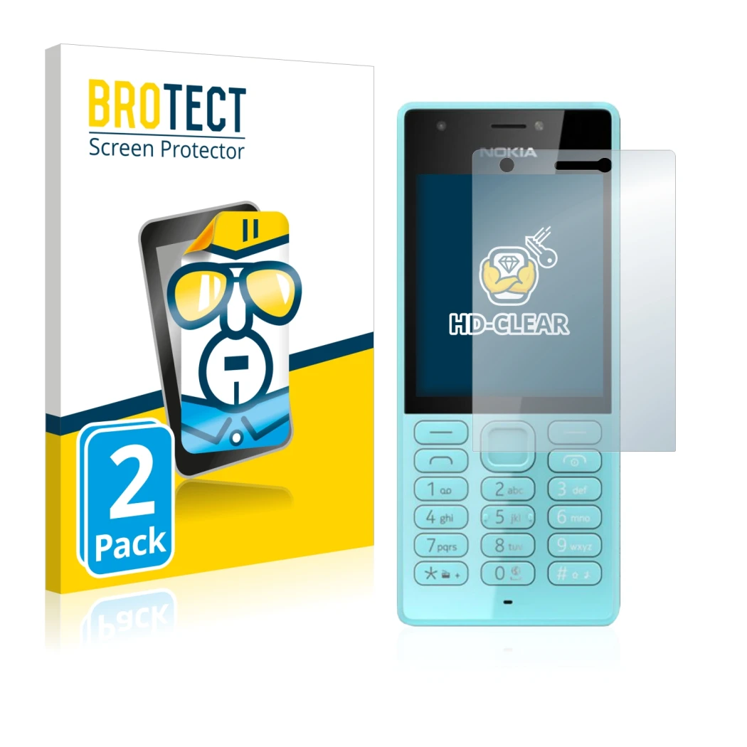 Parte frontal de un envase de producto con el logotipo de la marca BROTECT. Al lado se muestra el dispositivo Nokia 216 con su