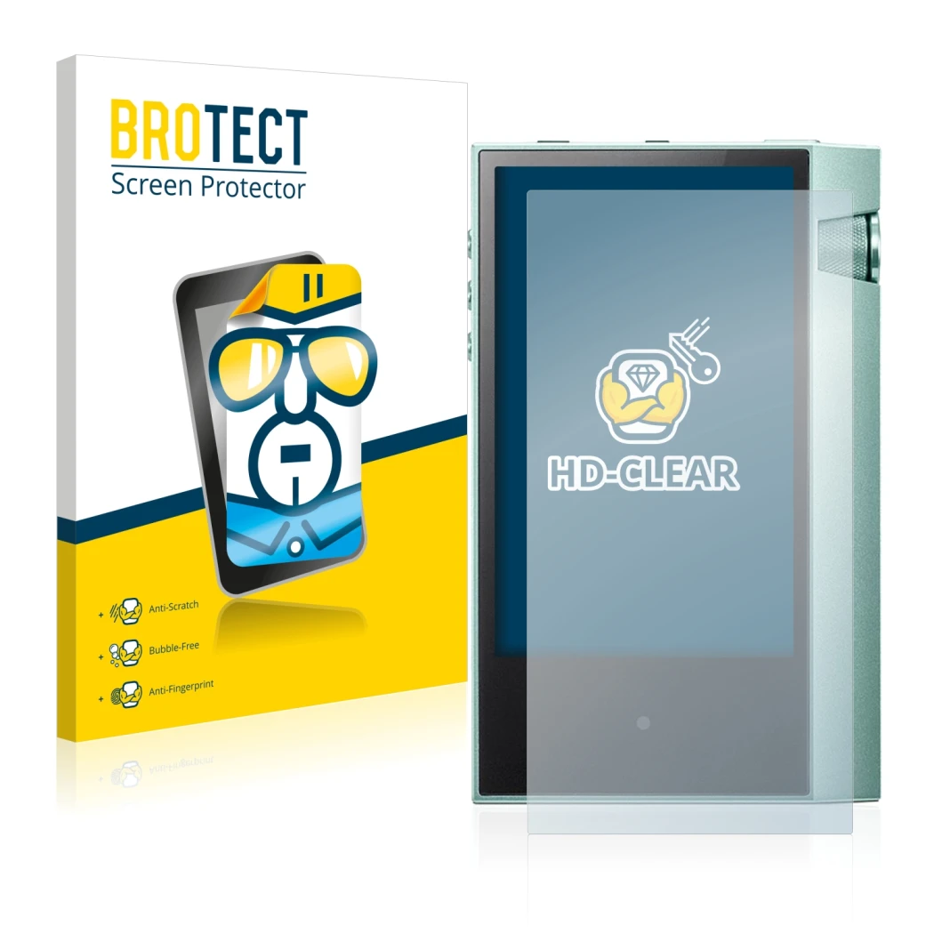 Parte frontal de un envase de producto con el logotipo de la marca BROTECT. Al lado se muestra el dispositivo Astell&Kern AK70