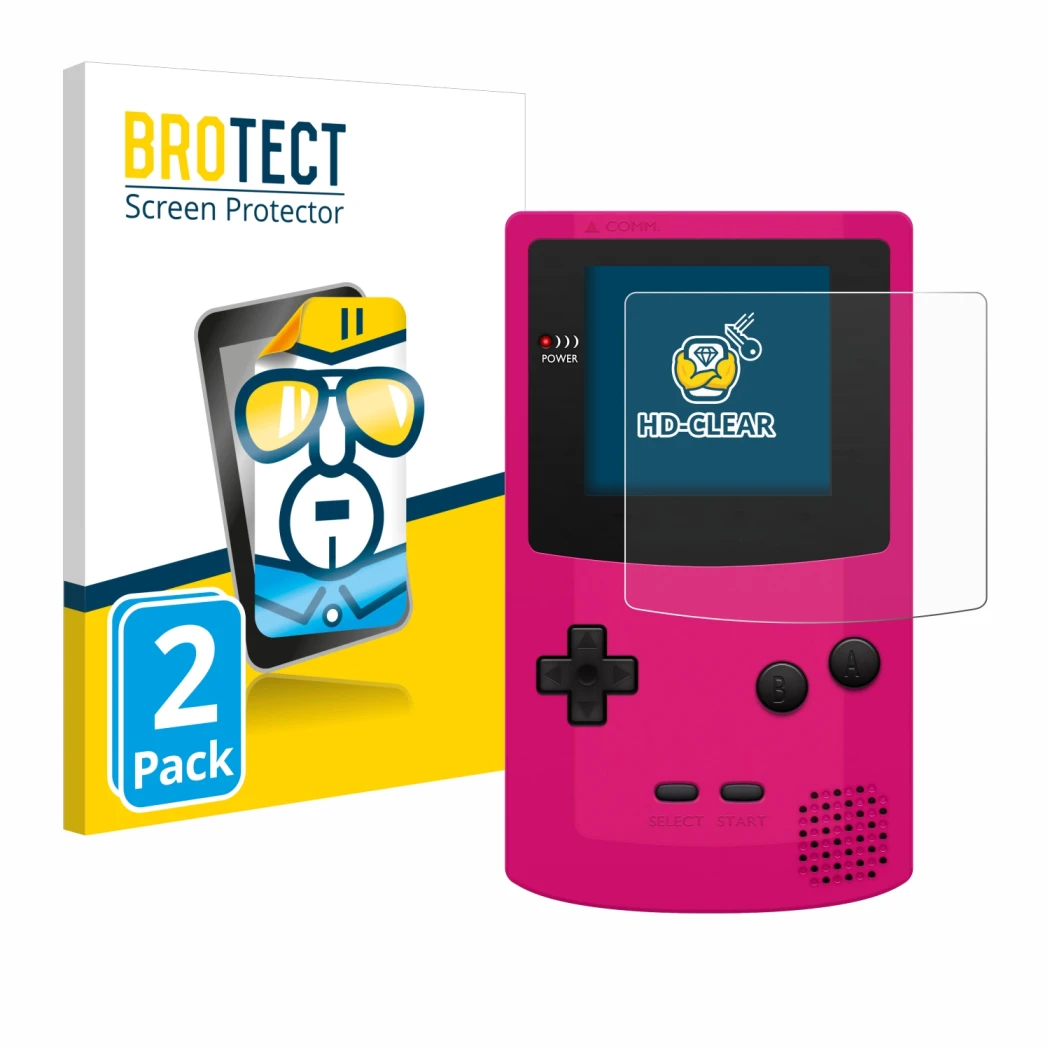 Parte frontal de un envase de producto con el logotipo de la marca BROTECT. Al lado se muestra el dispositivo Nintendo Gameboy