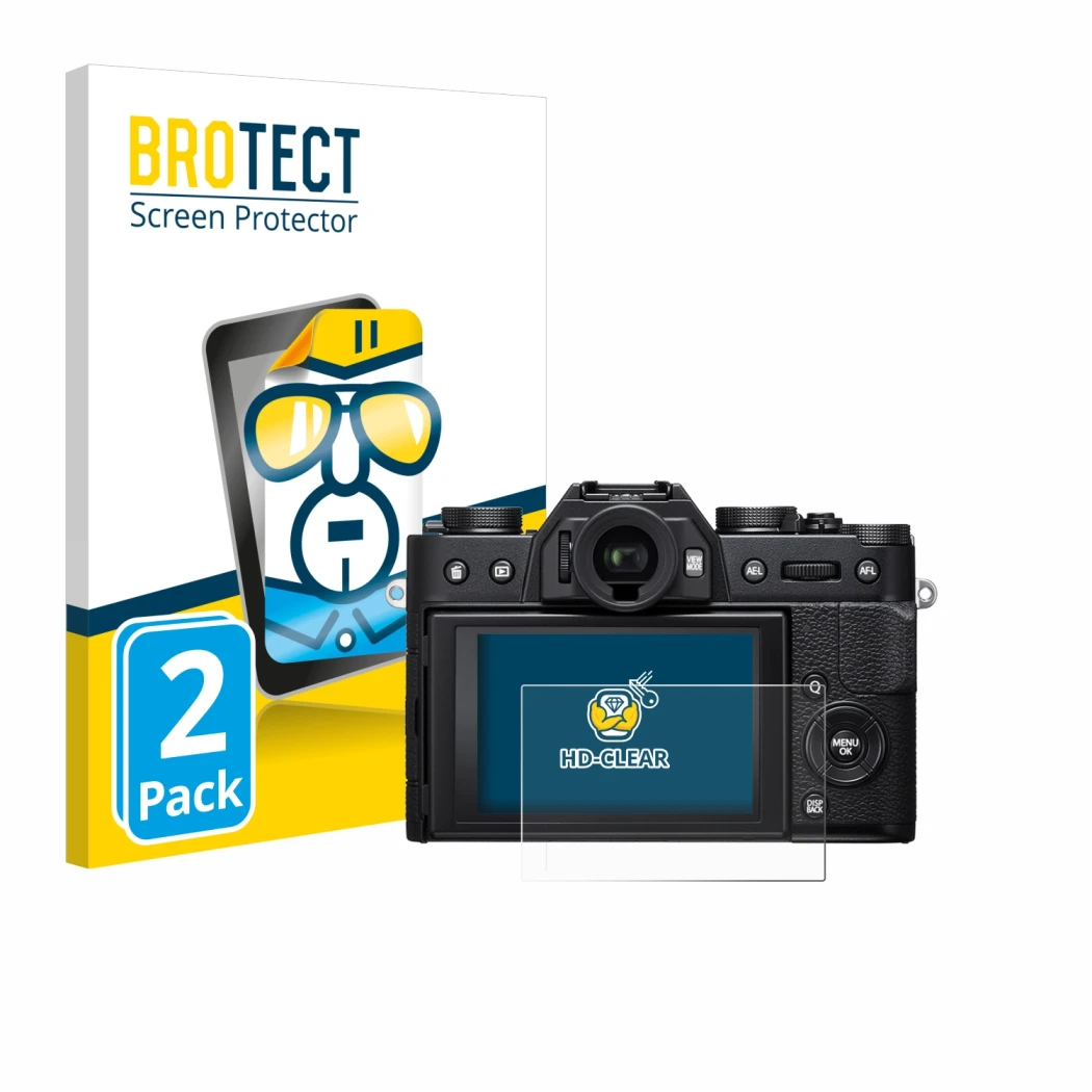 Parte frontal de un envase de producto con el logotipo de la marca BROTECT. Al lado se muestra el dispositivo Fujifilm X-T20 c