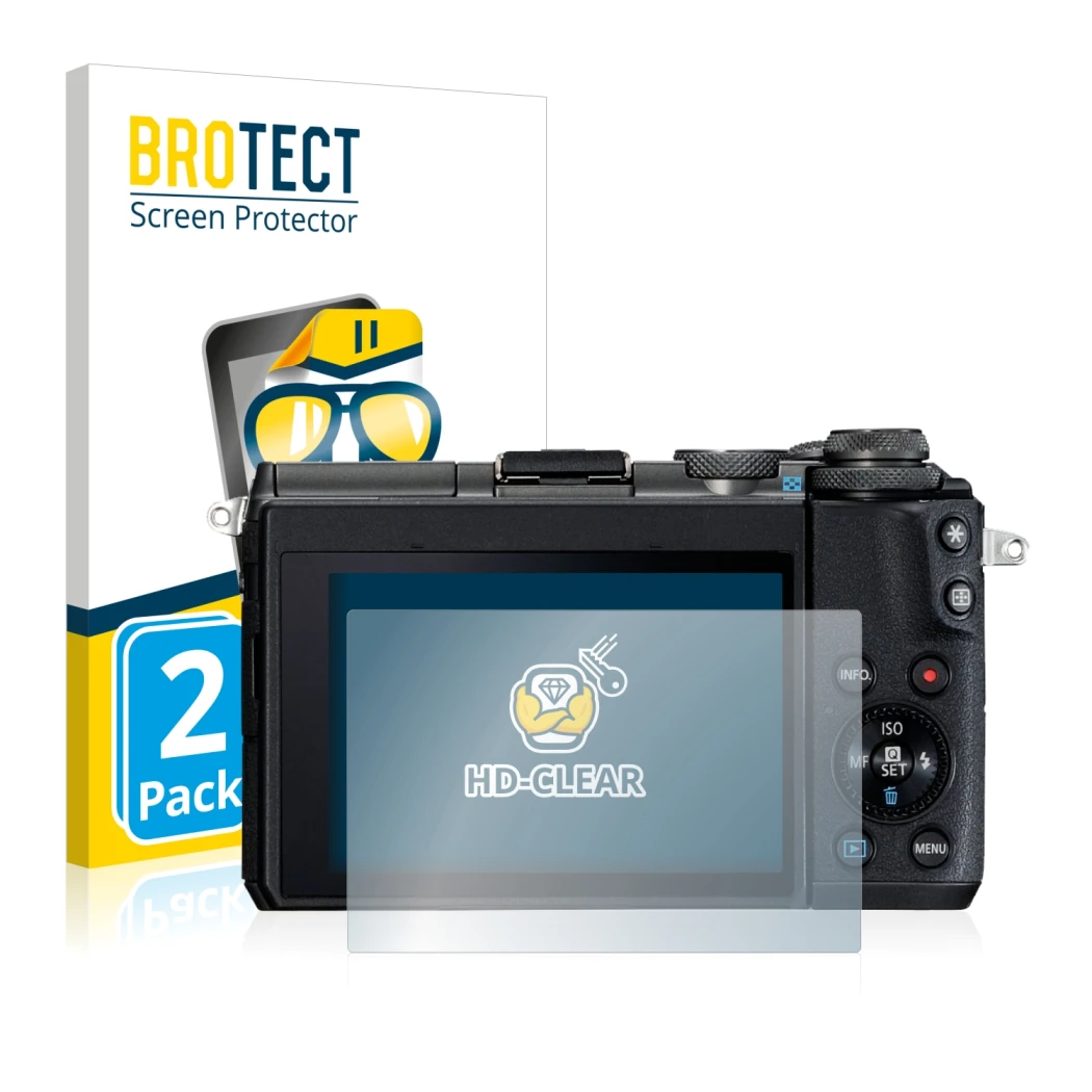 Parte frontal de un envase de producto con el logotipo de la marca BROTECT. Al lado se muestra el dispositivo Canon EOS M6 con