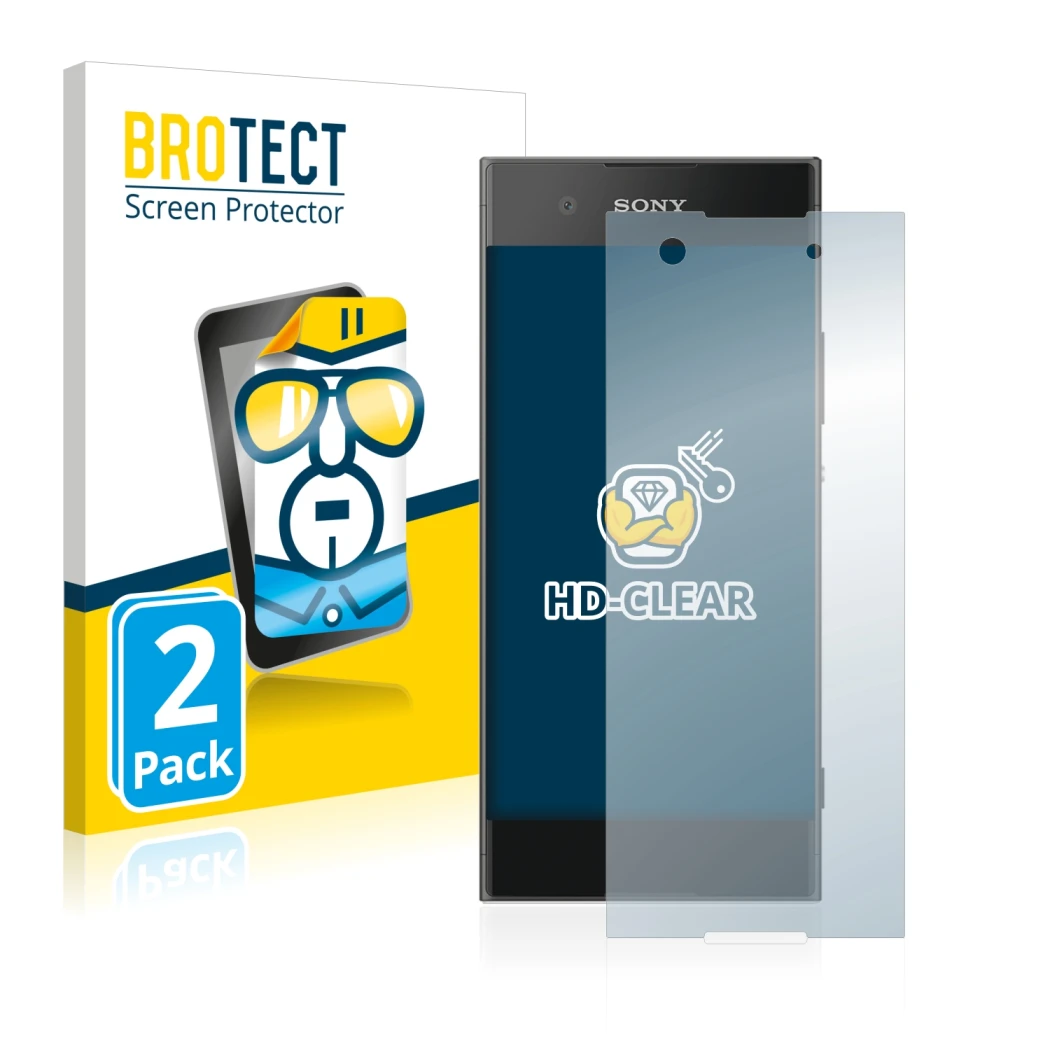 Parte frontal de un envase de producto con el logotipo de la marca BROTECT. Al lado se muestra el dispositivo Sony Xperia XA1