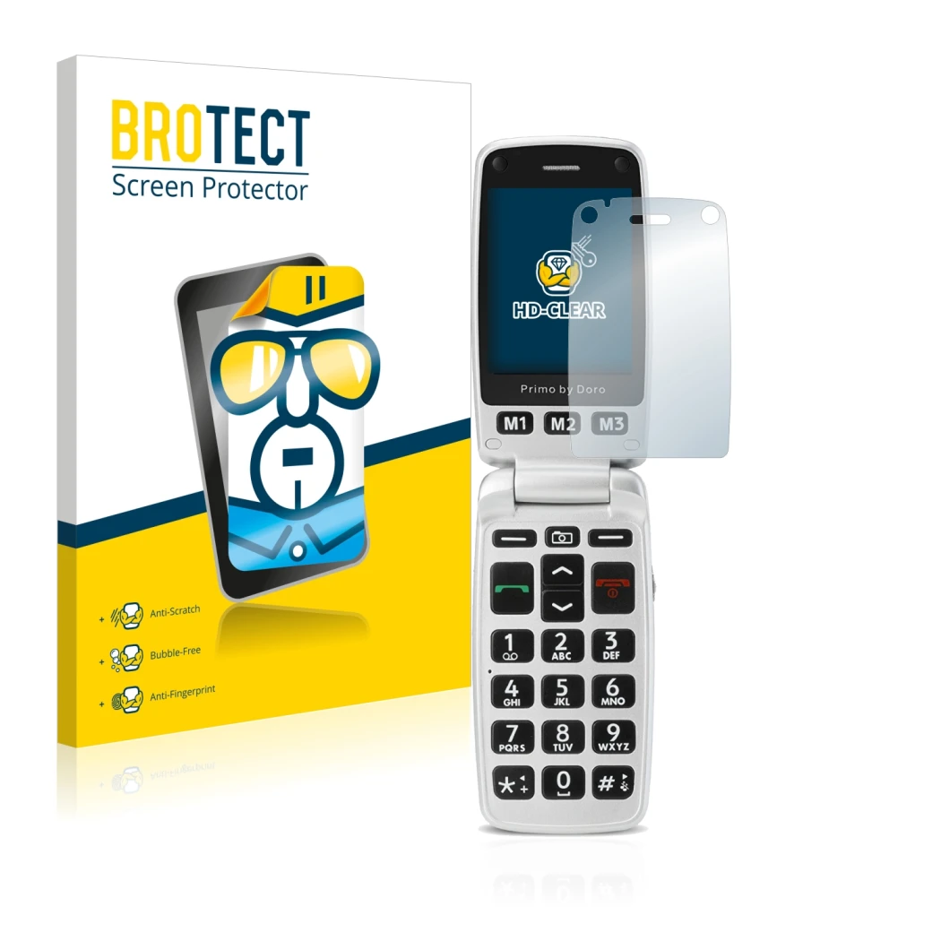 Parte frontal de un envase de producto con el logotipo de la marca BROTECT. Al lado se muestra el dispositivo Doro Primo 413 c