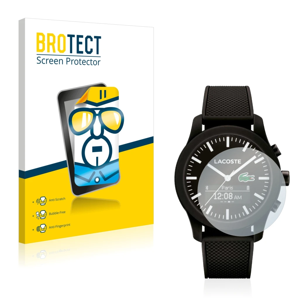 Parte frontal de un envase de producto con el logotipo de la marca BROTECT. Al lado se muestra el dispositivo Lacoste 12.12 Co