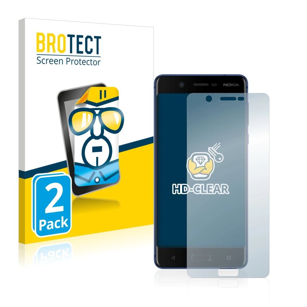 Parte frontal de un envase de producto con el logotipo de la marca BROTECT. Al lado se muestra el dispositivo Nokia 5 con su p