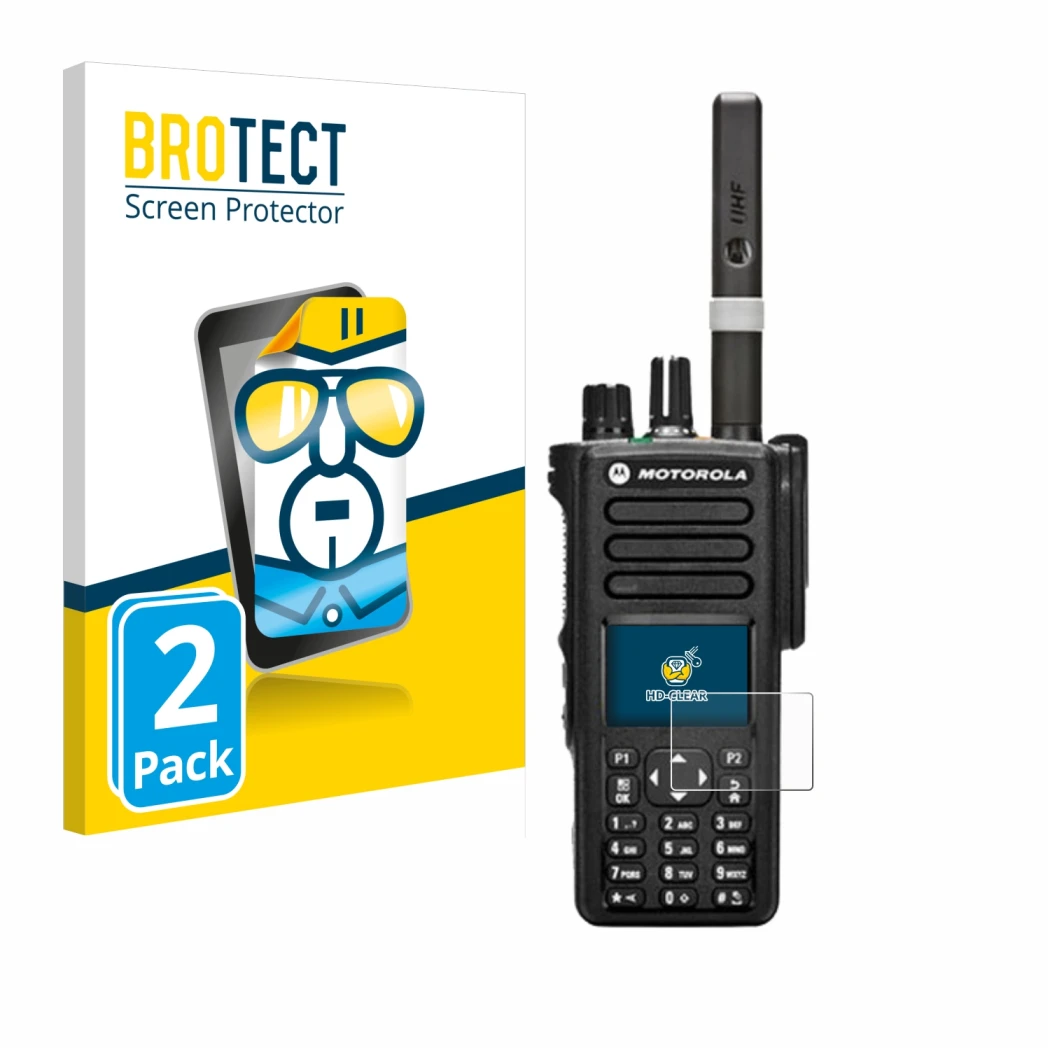 Parte frontal de un envase de producto con el logotipo de la marca BROTECT. Al lado se muestra el dispositivo Motorola DP4800