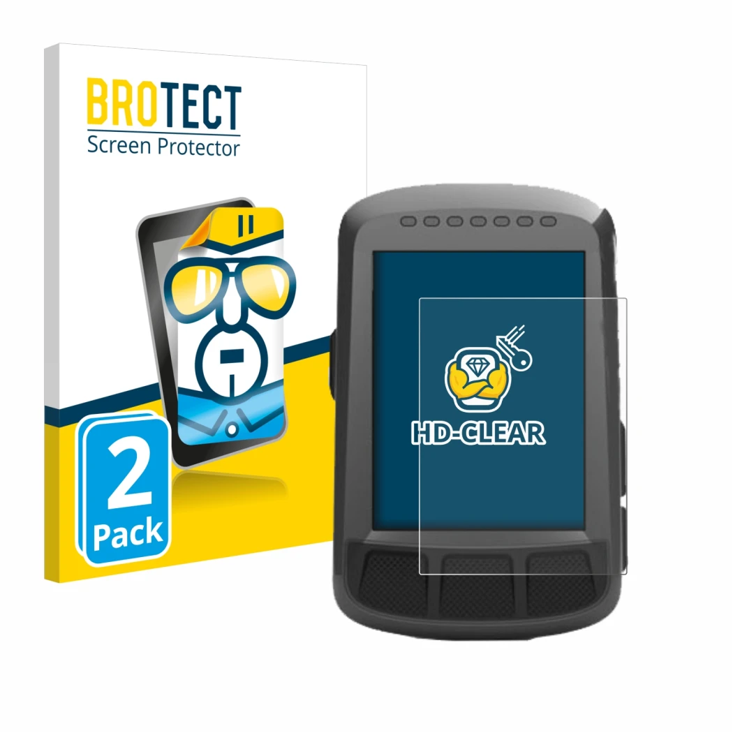 Parte frontal de un envase de producto con el logotipo de la marca BROTECT. Al lado se muestra el dispositivo Wahoo Elemnt Bol